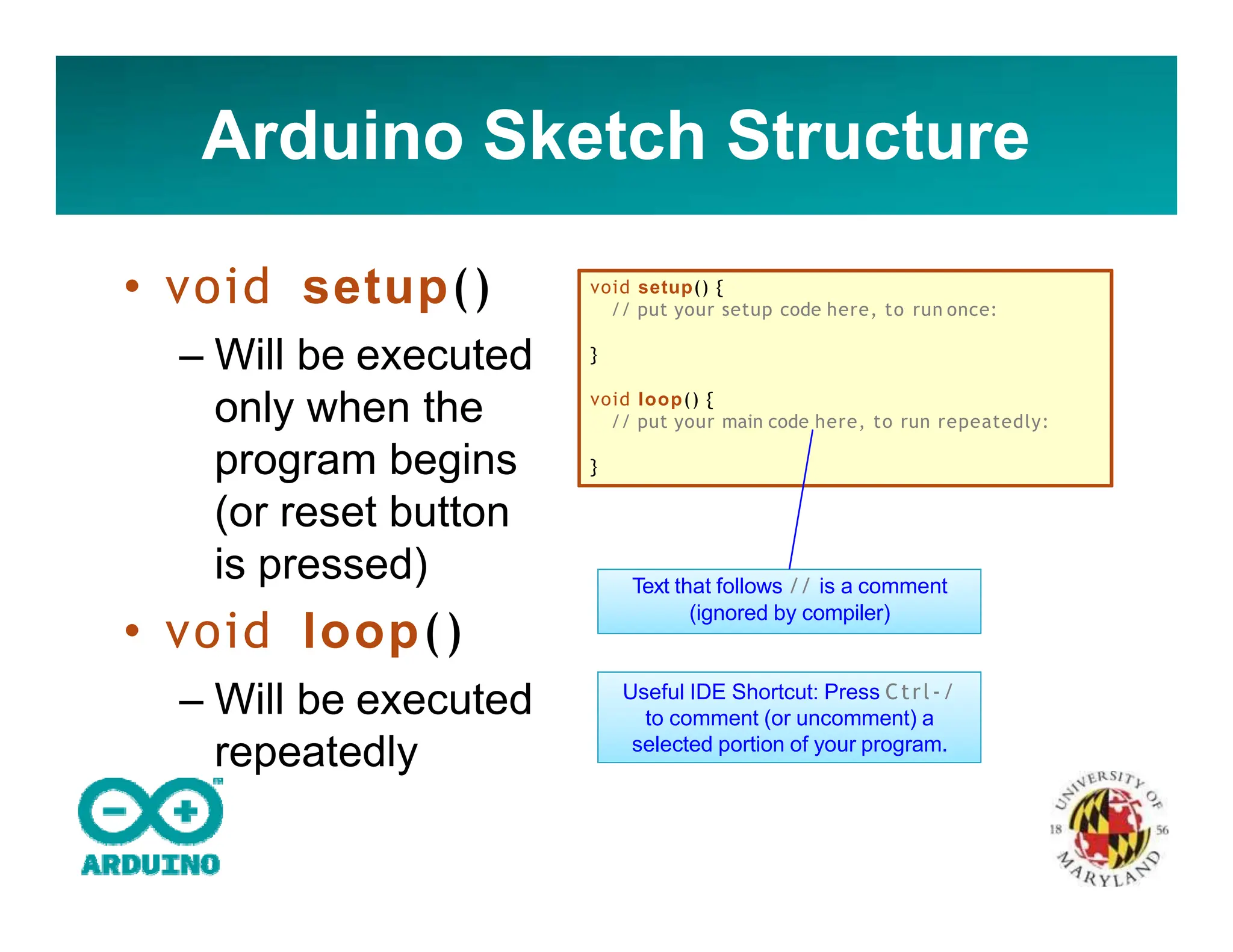 Arduino Sketch Structure
• void setup()
– Will be executed
only when the
program begins
(or reset button
is pressed)
• void loop()
– Will be executed
repeatedly
void setup() {
// put your setup code here, to run once:
}
void loop() {
// put your main code here, to run repeatedly:
}
Text that follows // is a comment
(ignored by compiler)
Useful IDE Shortcut: Press Ctrl‐/
to comment (or uncomment) a
selected portion of your program.
 
