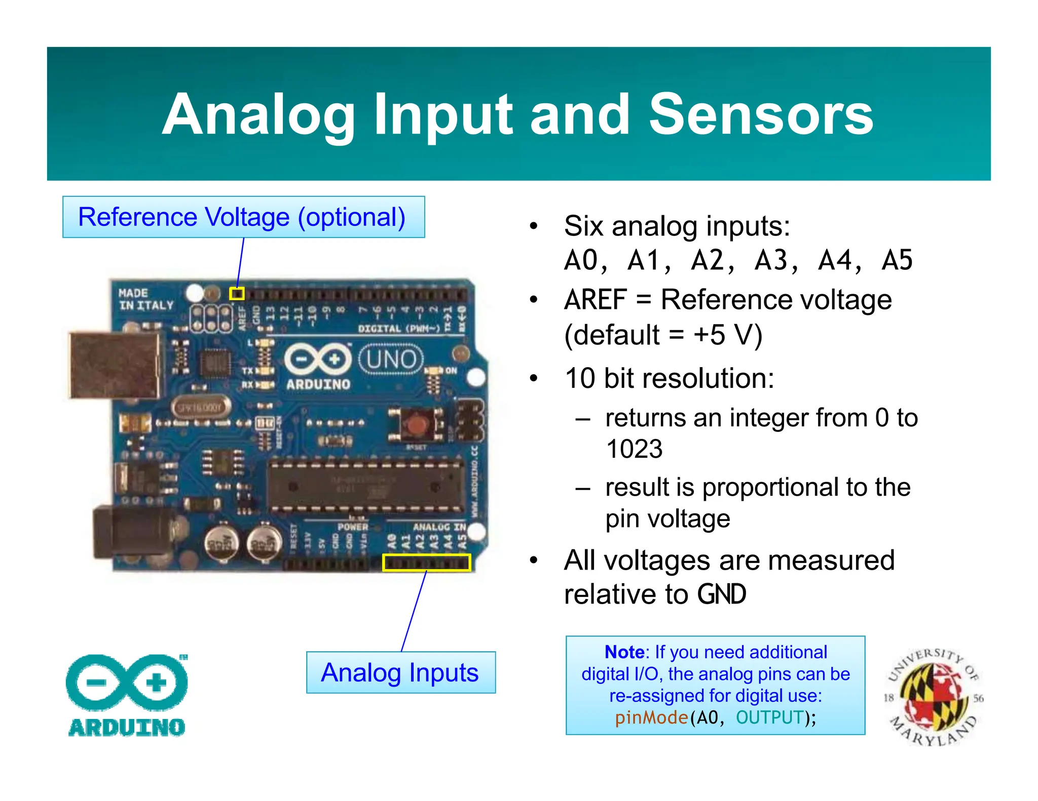Analog Input and Sensors
• Six analog inputs:
A0, A1, A2, A3, A4, A5
• AREF = Reference voltage
(default = +5 V)
• 10 bit resolution:
– returns an integer from 0 to
1023
– result is proportional to the
pin voltage
• All voltages are measured
relative to GND
Analog Inputs
Reference Voltage (optional)
Note: If you need additional
digital I/O, the analog pins can be
re-assigned for digital use:
pinMode(A0, OUTPUT);
 
