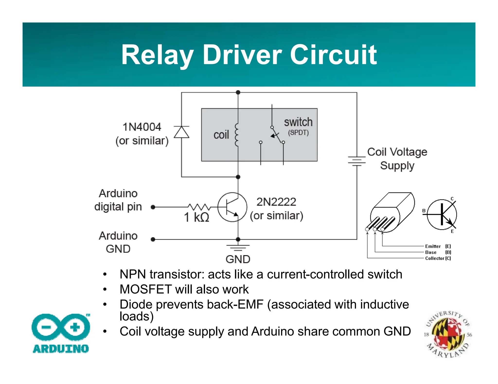 Relay Driver Circuit
• NPN transistor: acts like a current-controlled switch
• MOSFET will also work
• Diode prevents back-EMF (associated with inductive
loads)
• Coil voltage supply and Arduino share common GND
 