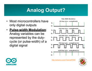 Analog Output?
• Most microcontrollers have
only digital outputs
• Pulse-width Modulation:
Analog variables can be
represented by the duty-
cycle (or pulse-width) of a
digital signal
http://arduino.cc/en/Tutorial/PWM
 