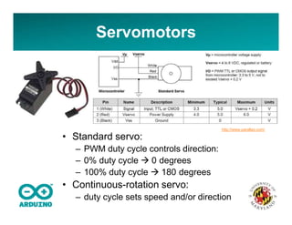 Servomotors
• Standard servo:
– PWM duty cycle controls direction:
– 0% duty cycle  0 degrees
– 100% duty cycle  180 degrees
• Continuous-rotation servo:
– duty cycle sets speed and/or direction
http://www.parallax.com/
 