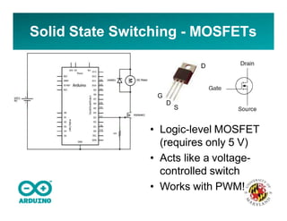 Solid State Switching - MOSFETs
G
D
S
D
• Logic-level MOSFET
(requires only 5 V)
• Acts like a voltage-
controlled switch
• Works with PWM!
 