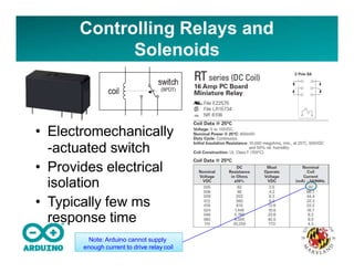 Controlling Relays and
Solenoids
• Electromechanically
-actuated switch
• Provides electrical
isolation
• Typically few ms
response time
Note: Arduino cannot supply
enough current to drive relay coil
 