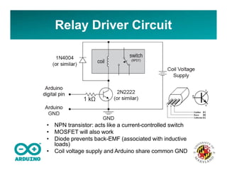 Relay Driver Circuit
• NPN transistor: acts like a current-controlled switch
• MOSFET will also work
• Diode prevents back-EMF (associated with inductive
loads)
• Coil voltage supply and Arduino share common GND
 