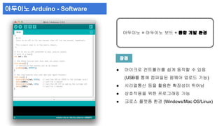 아두이노 = 아두이노 보드 + 통합 개발 환경 
장점 
● 마이크로 컨트롤러를 쉽게 동작할 수 있음 
(USB를 통해 컴파일된 펌웨어 업로드 가능) 
● 시리얼통신 등을 활용한 확장성이 뛰어남 
● 상호작용을 위한 프로그래밍 가능 
● 크로스 플랫폼 환경 (Windows/Mac OS/Linux) 
아두이노 Arduino - Software 
 