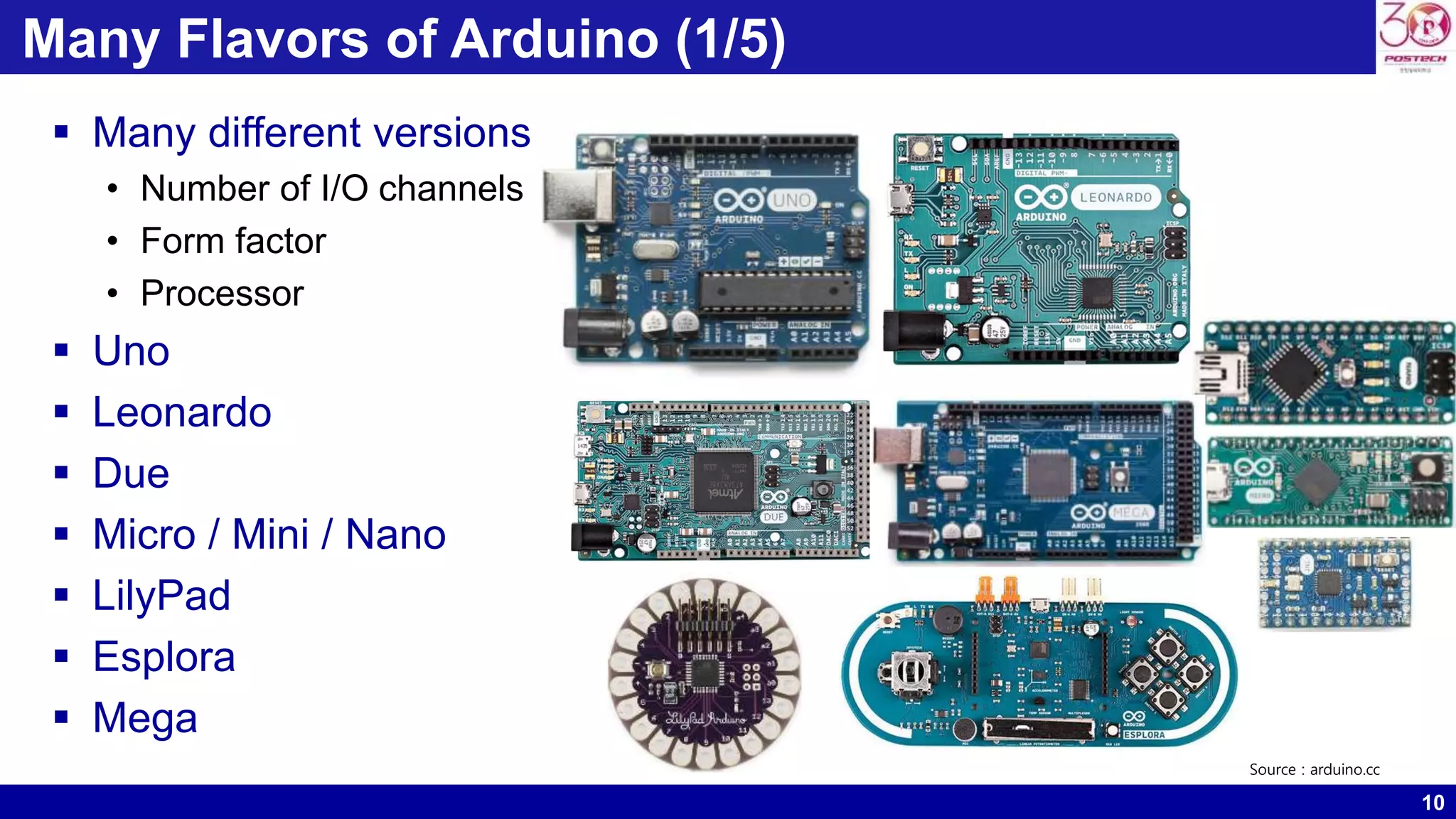 10 Many Flavors of Arduino (1/5)  Many different versions • Number of I/O channels • Form factor • Processor  Uno  Leonardo  Due  Micro / Mini / Nano  LilyPad  Esplora  Mega Source : arduino.cc 