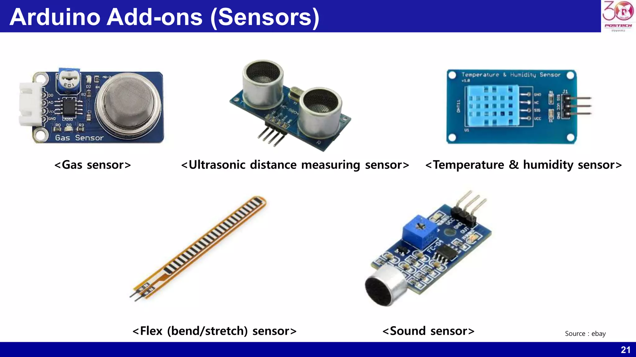 21 Arduino Add-ons (Sensors) <Flex (bend/stretch) sensor> <Gas sensor> <Temperature & humidity sensor><Ultrasonic distance measuring sensor> <Sound sensor> Source : ebay 
