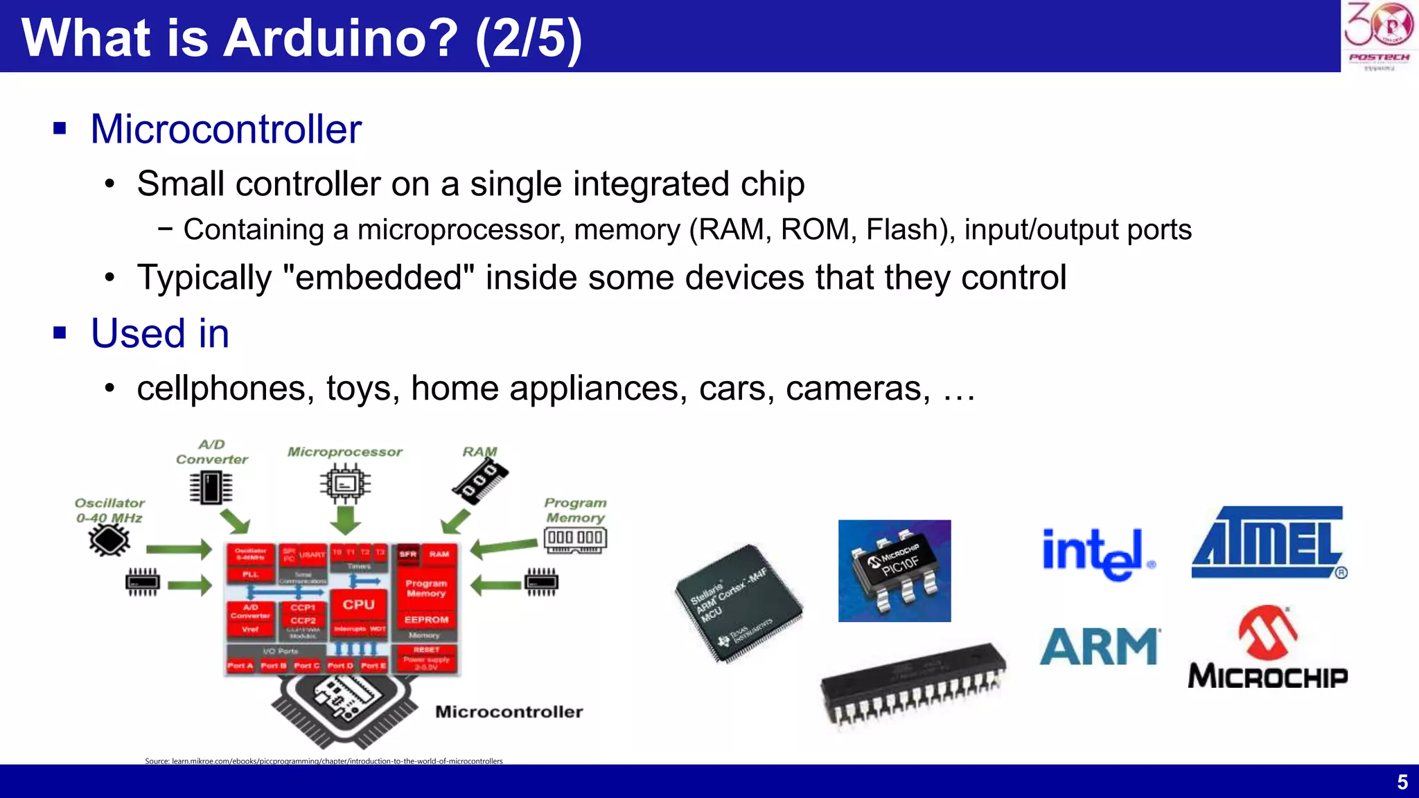 5 What is Arduino? (2/5)  Microcontroller • Small controller on a single integrated chip − Containing a microprocessor, memory (RAM, ROM, Flash), input/output ports • Typically "embedded" inside some devices that they control  Used in • cellphones, toys, home appliances, cars, cameras, … Source: learn.mikroe.com/ebooks/piccprogramming/chapter/introduction-to-the-world-of-microcontrollers 