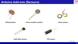 22
Arduino Add-ons (Sensors)
<Photoresistor> <Force sensitive resistor>
<Hall effect sensor>
<Piezo sensor>
<Tilt sensor>
Source : ebay
 