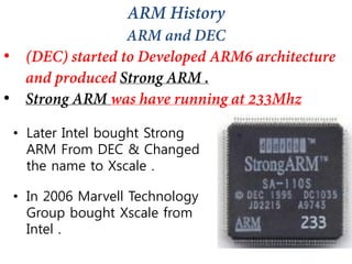 •
•
• Later Intel bought Strong
ARM From DEC & Changed
the name to Xscale .
• In 2006 Marvell Technology
Group bought Xscale from
Intel .
 