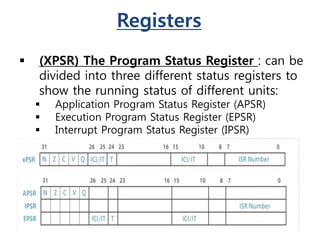 Registers
 (XPSR) The Program Status Register : can be
divided into three different status registers to
show the running status of different units:
 Application Program Status Register (APSR)
 Execution Program Status Register (EPSR)
 Interrupt Program Status Register (IPSR)
 