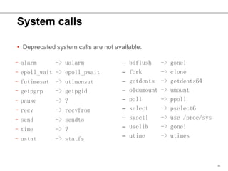 System calls
–alarm -> ualarm
–epoll_wait -> epoll_pwait
–futimesat -> utimensat
–getpgrp -> getpgid
–pause -> ?
–recv -> ...