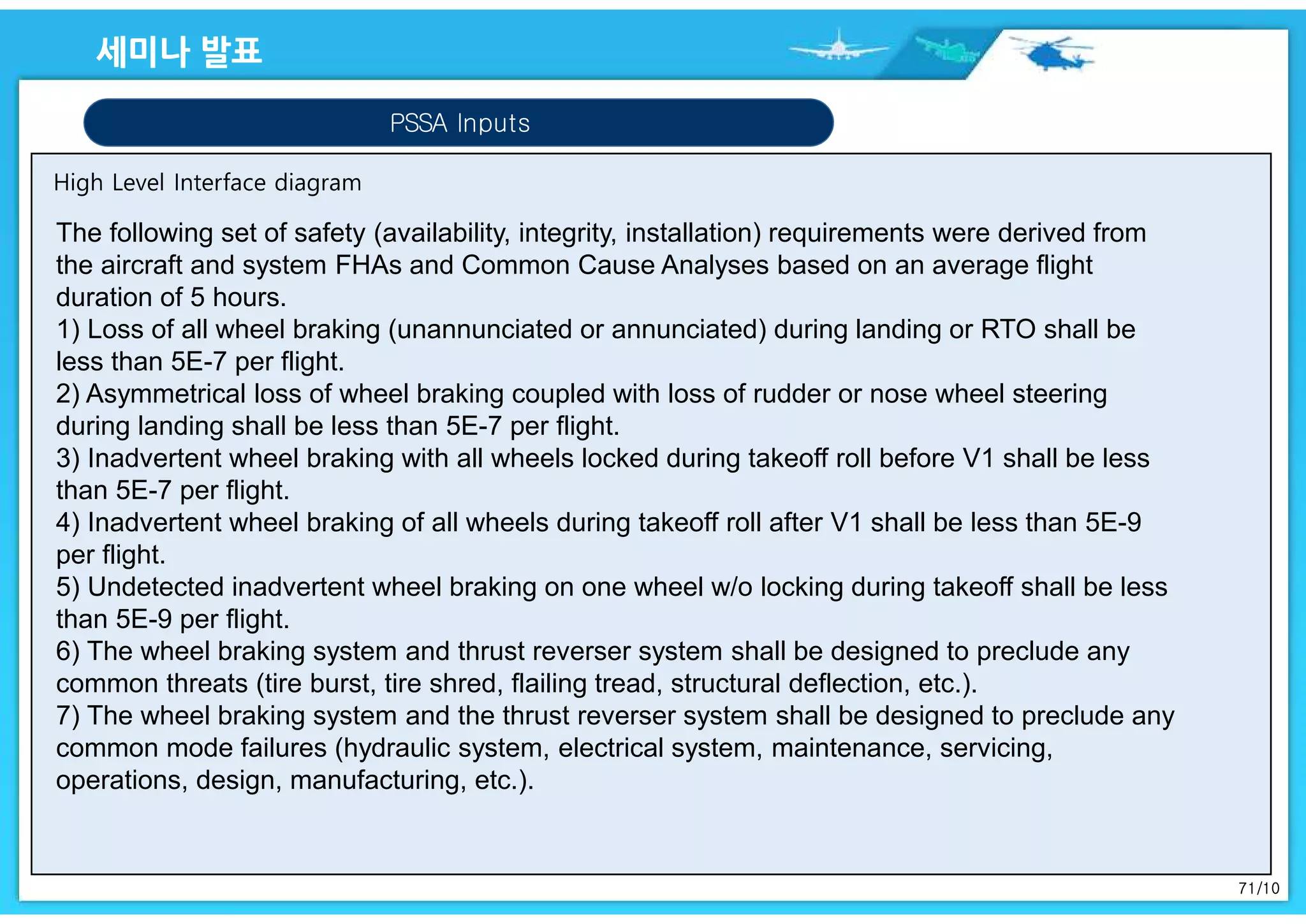 71/10
PSSA Inputs
The following set of safety (availability, integrity, installation) requirements were derived from
the aircraft and system FHAs and Common Cause Analyses based on an average flight
duration of 5 hours.
1) Loss of all wheel braking (unannunciated or annunciated) during landing or RTO shall be
less than 5E-7 per flight.
2) Asymmetrical loss of wheel braking coupled with loss of rudder or nose wheel steering
during landing shall be less than 5E-7 per flight.
3) Inadvertent wheel braking with all wheels locked during takeoff roll before V1 shall be less
than 5E-7 per flight.
4) Inadvertent wheel braking of all wheels during takeoff roll after V1 shall be less than 5E-9
per flight.
5) Undetected inadvertent wheel braking on one wheel w/o locking during takeoff shall be less
than 5E-9 per flight.
6) The wheel braking system and thrust reverser system shall be designed to preclude any
common threats (tire burst, tire shred, flailing tread, structural deflection, etc.).
7) The wheel braking system and the thrust reverser system shall be designed to preclude any
common mode failures (hydraulic system, electrical system, maintenance, servicing,
operations, design, manufacturing, etc.).
 