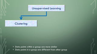 Clustering
Unsupervised Learning
• Data points within a group are more similar
• Data points in a group are different from other group
 