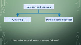 Clustering
Unsupervised Learning
Dimensionality Reduction
• Helps reduce number of features in a dataset (advanced)
 