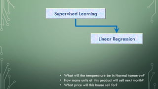 Supervised Learning
Linear Regression
• What will the temperature be in Normal tomorrow?
• How many units of this product will sell next month?
• What price will this house sell for?
 
