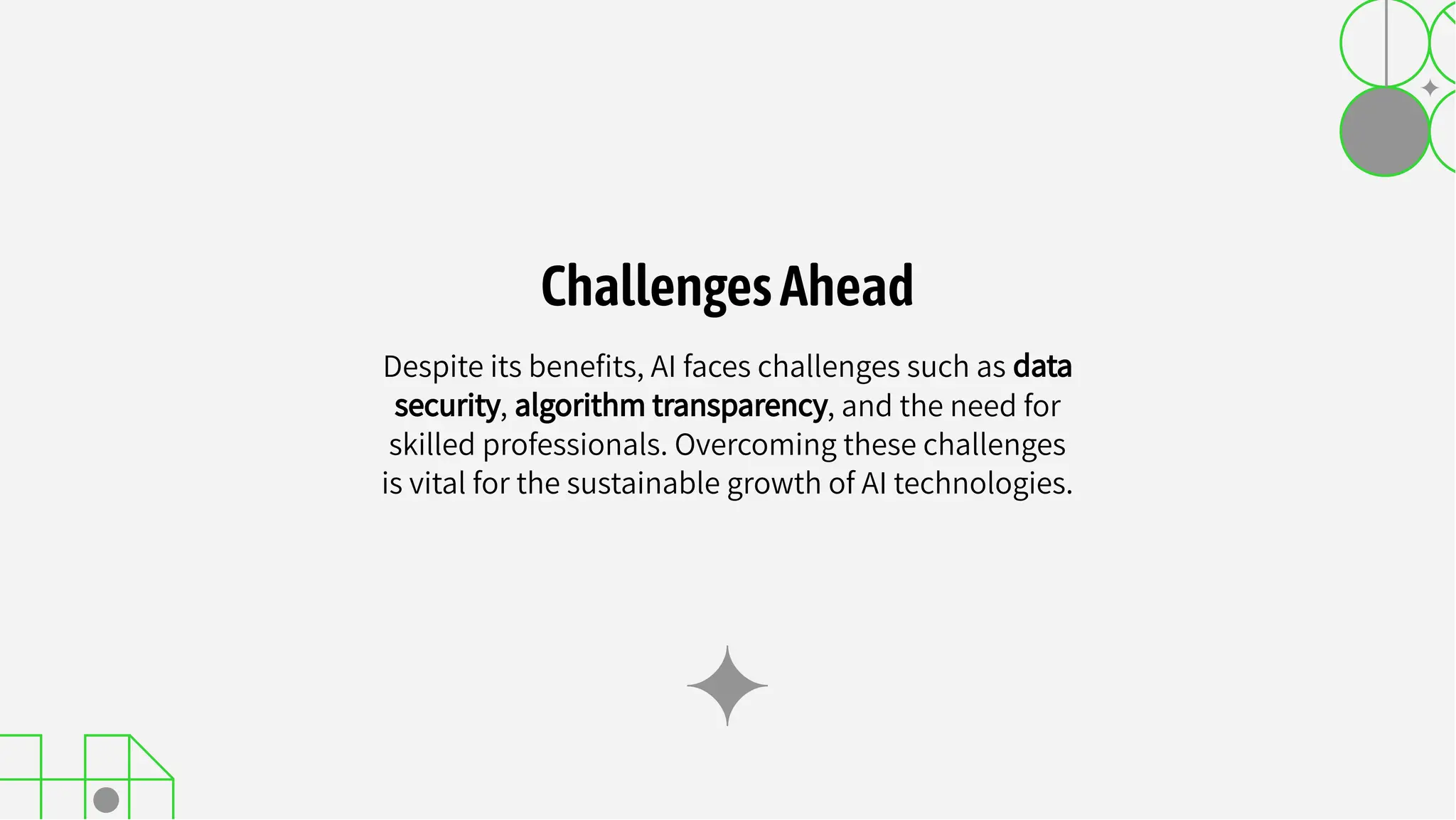Despite its beneﬁts, AI faces challenges such as data
security, algorithm transparency, and the need for
skilled professionals. Overcoming these challenges
is vital for the sustainable growth of AI technologies.
ChallengesAhead
 