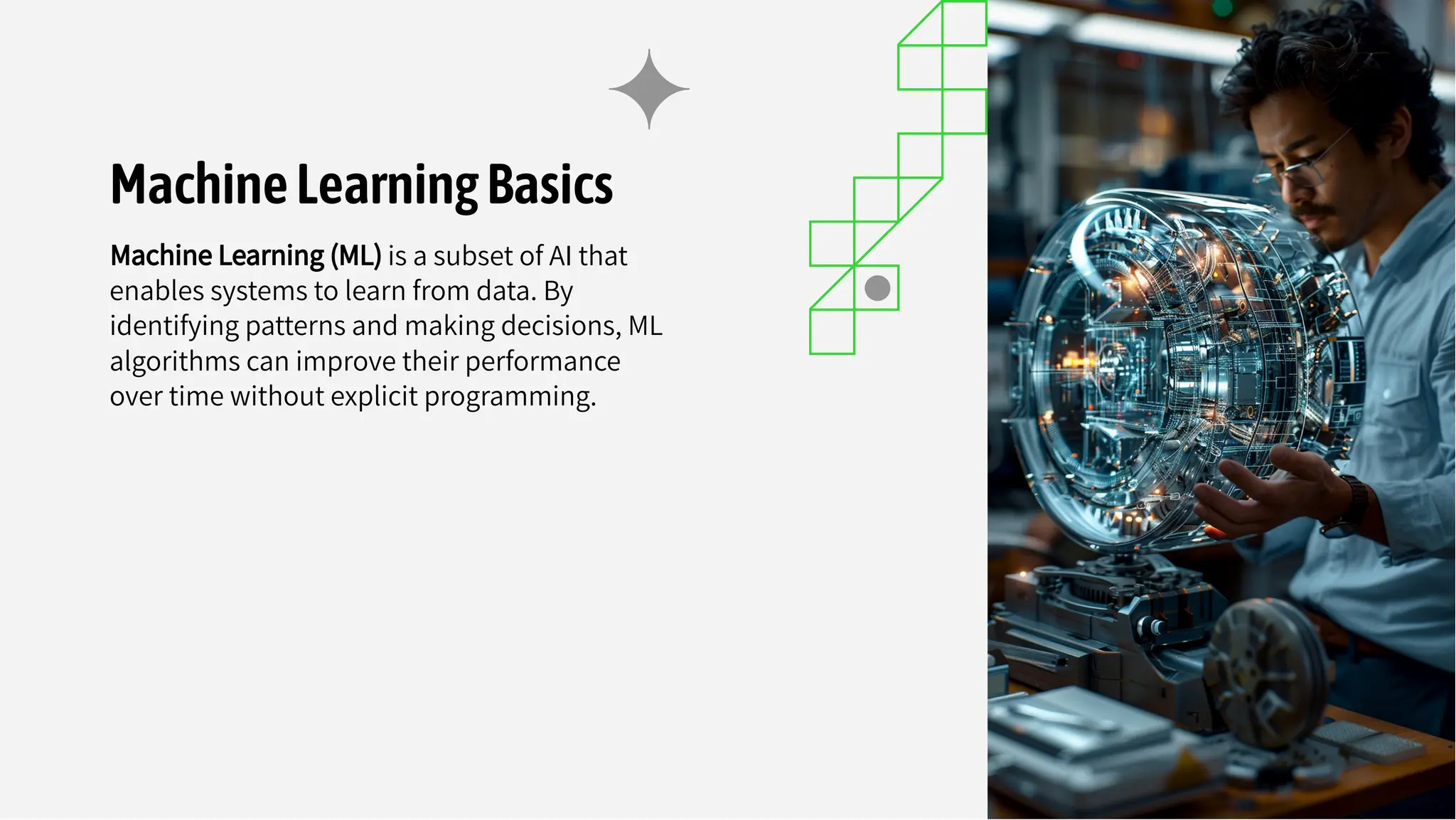 MachineLearningBasics
Machine Learning (ML) is a subset of AI that
enables systems to learn from data. By
identifying patterns and making decisions, ML
algorithms can improve their performance
over time without explicit programming.
 