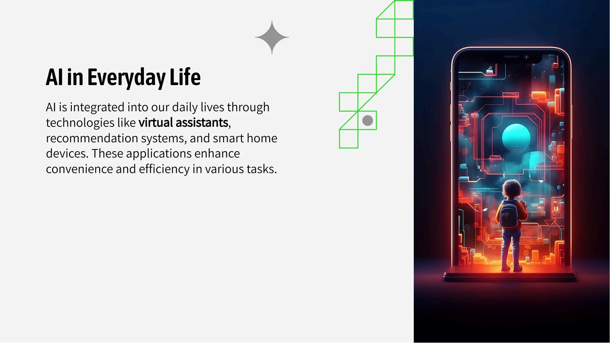 AIinEverydayLife
AI is integrated into our daily lives through
technologies like virtual assistants,
recommendation systems, and smart home
devices. These applications enhance
convenience and efﬁciency in various tasks.
 