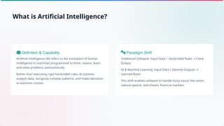 Definition & Capability
Artificial Intelligence (AI) refers to the simulation of human
intelligence in machines programmed to think, reason, learn,
and solve problems autonomously.
Rather than executing rigid hardcoded rules, AI systems
analyze data, recognize complex patterns, and make decisions
in real-time context.
Paradigm Shift
Traditional Software: Input Data + Hardcoded Rules Fixed
→
Output
AI & Machine Learning: Input Data + Desired Outputs →
Learned Rules
This shift enables software to handle fuzzy inputs like vision,
natural speech, and chaotic financial markets.
What is Artificial Intelligence?
 