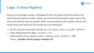 Logic : (Linear Algebra)
Choose any two digit number, add together both the digits and then subtract the
total from the original number. When you have the final number, look it up on the
chart and find the relevant symbol. While concentrating on the symbol, click on the
crystal and it will show you the symbol you are thinking of..
• So let’s choose a two digit number xy, so its value is 10x + y. (e.g 92 = 10*9+2)
• Now Adding both the digits : x+y (9+2 = 11)
• Subtracting it from original number : (10x+y) - (x+y) = 9x (92-11 = 81)
Hence , Number will be always multiple of 9.
 