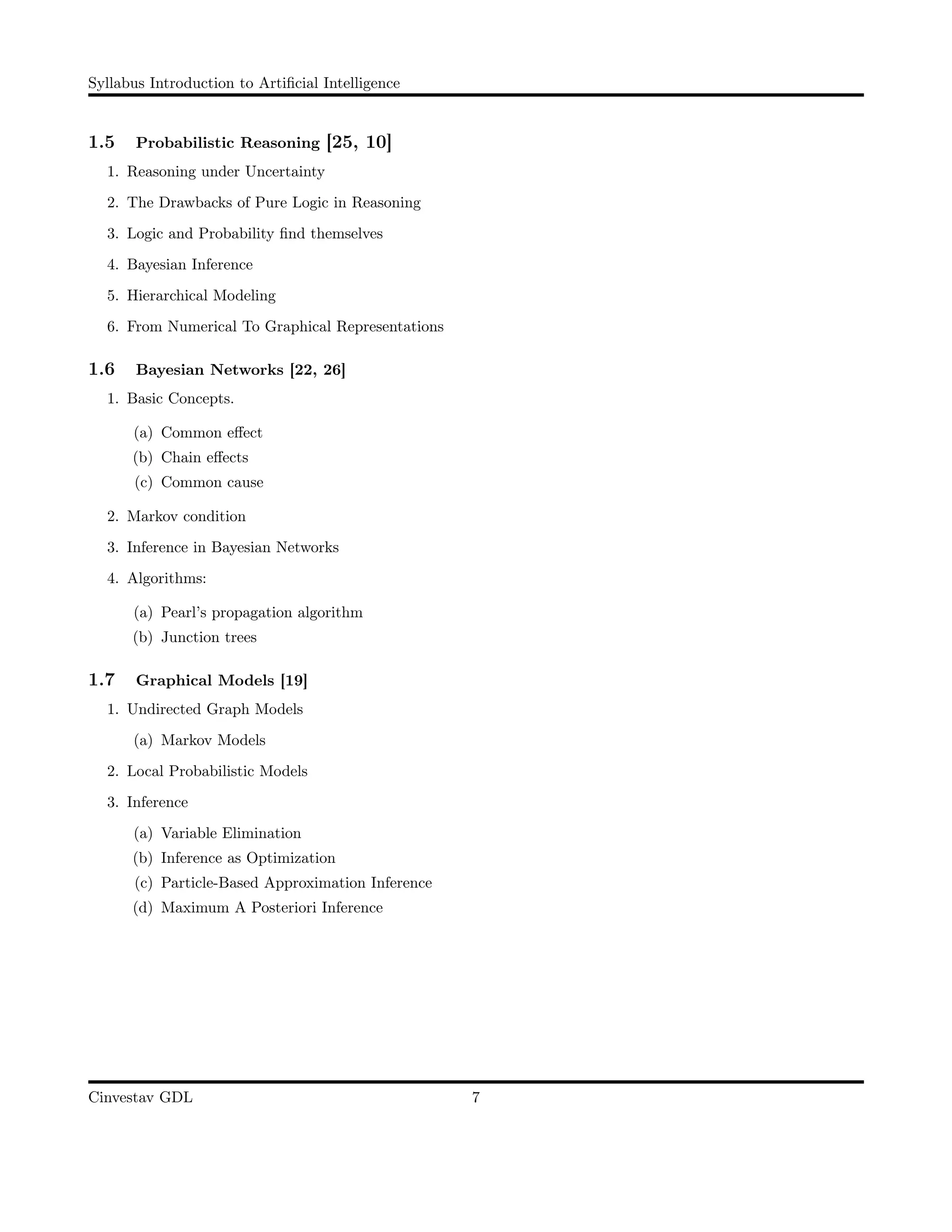 Syllabus Introduction to Artiﬁcial Intelligence
1.5 Probabilistic Reasoning [25, 10]
1. Reasoning under Uncertainty
2. The Drawbacks of Pure Logic in Reasoning
3. Logic and Probability ﬁnd themselves
4. Bayesian Inference
5. Hierarchical Modeling
6. From Numerical To Graphical Representations
1.6 Bayesian Networks [22, 26]
1. Basic Concepts.
(a) Common eﬀect
(b) Chain eﬀects
(c) Common cause
2. Markov condition
3. Inference in Bayesian Networks
4. Algorithms:
(a) Pearl’s propagation algorithm
(b) Junction trees
1.7 Graphical Models [19]
1. Undirected Graph Models
(a) Markov Models
2. Local Probabilistic Models
3. Inference
(a) Variable Elimination
(b) Inference as Optimization
(c) Particle-Based Approximation Inference
(d) Maximum A Posteriori Inference
Cinvestav GDL 7
 