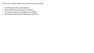 There are several different architectures for ANNs,
• Feedforward Neural Networks
• Recurrent Neural Networks (RNNs)
• Convolutional Neural Networks (CNNs)
• Generative Adversarial Networks (GANs)
 