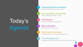 1
2
3
4
5
6
Today’s
Agenda
Introduction Stream Analytics
What is Stream Analytics and why to use it
Time Management
Performing transformations and computations over streams of events
Key capabilities and benefits
Usage, Scalability, Reliability and Cost
Architecture
High level architecture and brief history
Base concepts
Brief introduction to event hubs
Development process
Configure, Develop and Deploy Streaming Solution
6
 