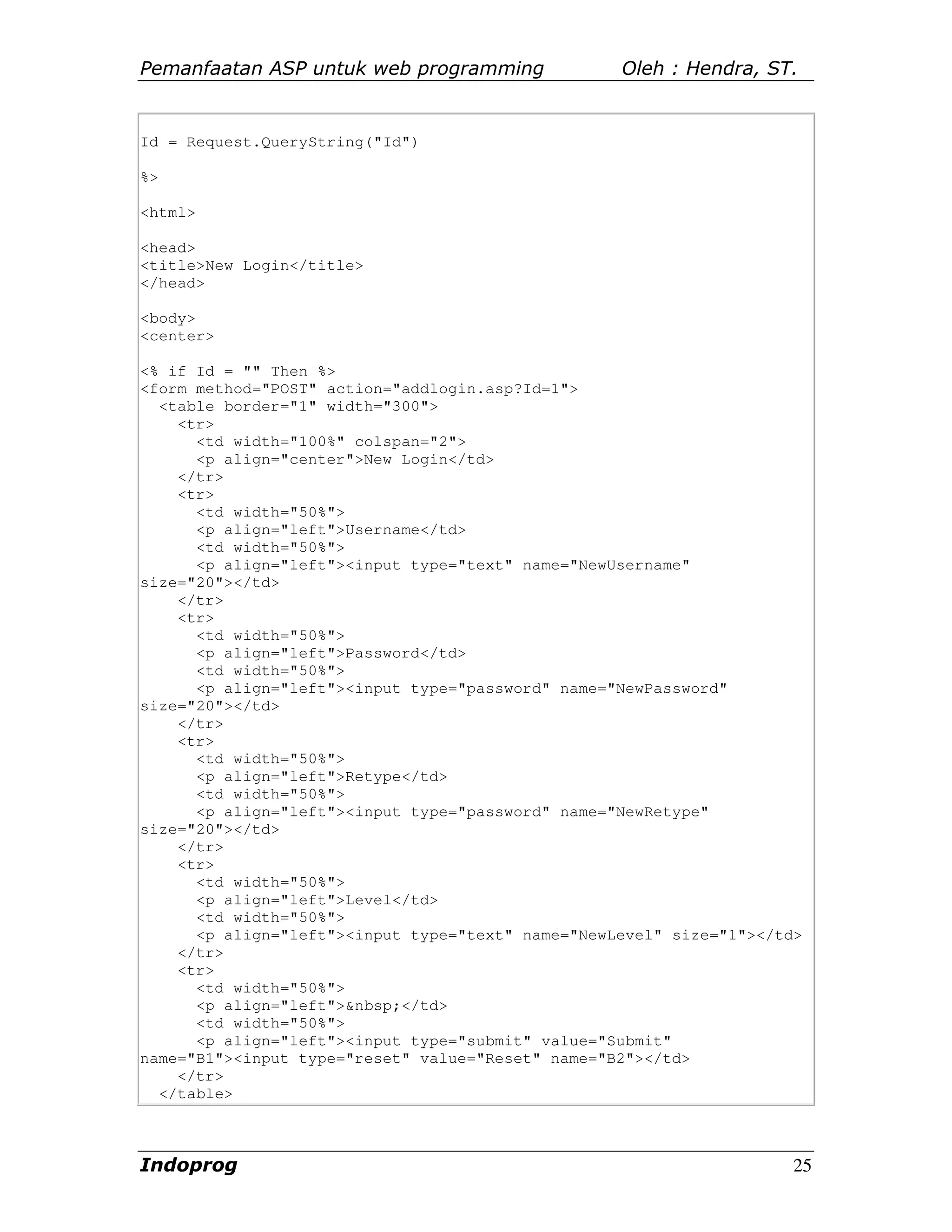 Pemanfaatan ASP untuk web programming              Oleh : Hendra, ST.


Id = Request.QueryString("Id")

%>

<html>

<head>
<title>New Login</title>
</head>

<body>
<center>

<% if Id = "" Then %>
<form method="POST" action="addlogin.asp?Id=1">
  <table border="1" width="300">
    <tr>
      <td width="100%" colspan="2">
      <p align="center">New Login</td>
    </tr>
    <tr>
      <td width="50%">
      <p align="left">Username</td>
      <td width="50%">
      <p align="left"><input type="text" name="NewUsername"
size="20"></td>
    </tr>
    <tr>
      <td width="50%">
      <p align="left">Password</td>
      <td width="50%">
      <p align="left"><input type="password" name="NewPassword"
size="20"></td>
    </tr>
    <tr>
      <td width="50%">
      <p align="left">Retype</td>
      <td width="50%">
      <p align="left"><input type="password" name="NewRetype"
size="20"></td>
    </tr>
    <tr>
      <td width="50%">
      <p align="left">Level</td>
      <td width="50%">
      <p align="left"><input type="text" name="NewLevel" size="1"></td>
    </tr>
    <tr>
      <td width="50%">
      <p align="left">&nbsp;</td>
      <td width="50%">
      <p align="left"><input type="submit" value="Submit"
name="B1"><input type="reset" value="Reset" name="B2"></td>
    </tr>
  </table>



Indoprog                                                              25
 