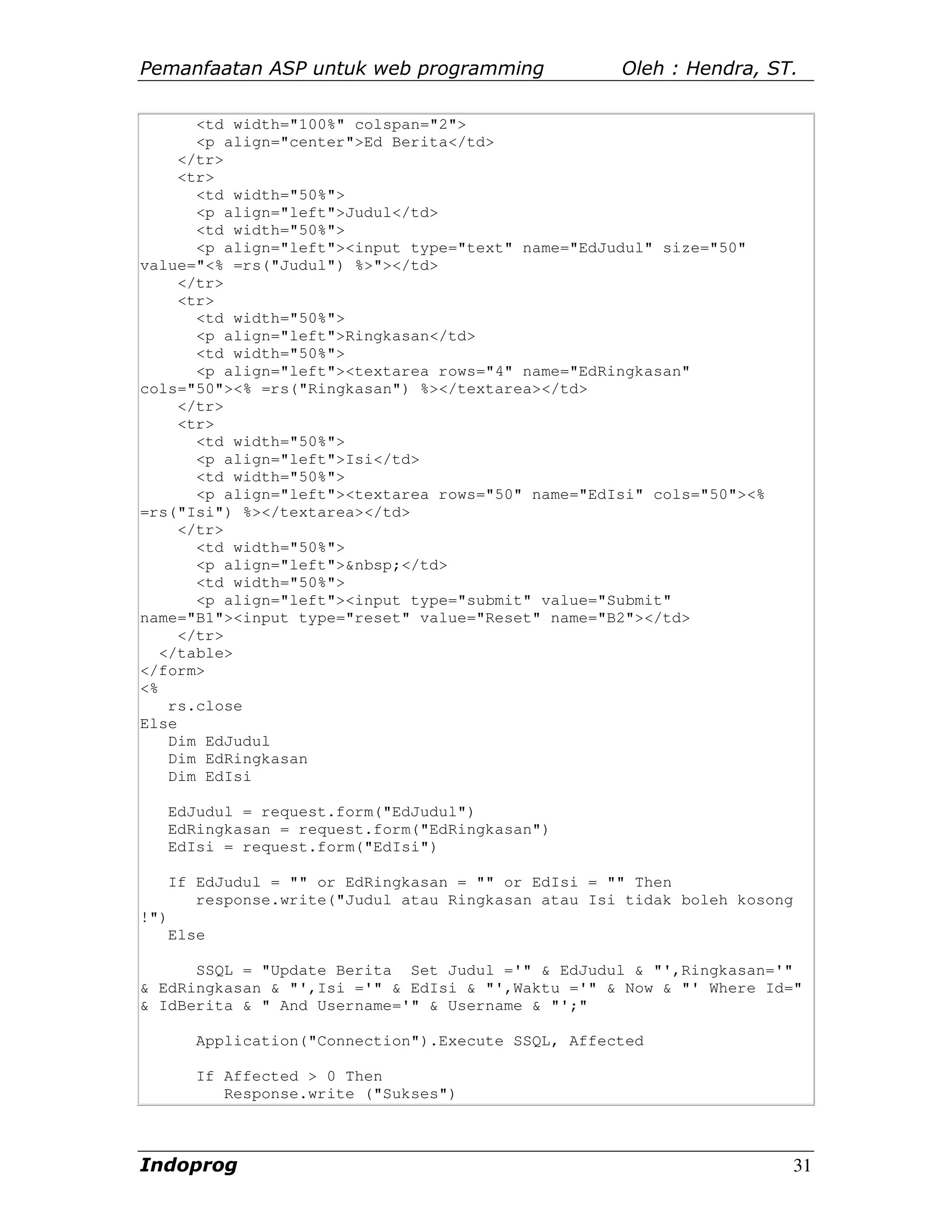 Pemanfaatan ASP untuk web programming                 Oleh : Hendra, ST.

       <td width="100%" colspan="2">
       <p align="center">Ed Berita</td>
     </tr>
     <tr>
       <td width="50%">
       <p align="left">Judul</td>
       <td width="50%">
       <p align="left"><input type="text" name="EdJudul" size="50"
value="<% =rs("Judul") %>"></td>
     </tr>
     <tr>
       <td width="50%">
       <p align="left">Ringkasan</td>
       <td width="50%">
       <p align="left"><textarea rows="4" name="EdRingkasan"
cols="50"><% =rs("Ringkasan") %></textarea></td>
     </tr>
     <tr>
       <td width="50%">
       <p align="left">Isi</td>
       <td width="50%">
       <p align="left"><textarea rows="50" name="EdIsi" cols="50"><%
=rs("Isi") %></textarea></td>
     </tr>
       <td width="50%">
       <p align="left">&nbsp;</td>
       <td width="50%">
       <p align="left"><input type="submit" value="Submit"
name="B1"><input type="reset" value="Reset" name="B2"></td>
     </tr>
   </table>
</form>
<%
    rs.close
Else
    Dim EdJudul
    Dim EdRingkasan
    Dim EdIsi

      EdJudul = request.form("EdJudul")
      EdRingkasan = request.form("EdRingkasan")
      EdIsi = request.form("EdIsi")

      If EdJudul = "" or EdRingkasan = "" or EdIsi = "" Then
         response.write("Judul atau Ringkasan atau Isi tidak boleh kosong
!")
      Else

      SSQL = "Update Berita Set Judul ='" & EdJudul & "',Ringkasan='"
& EdRingkasan & "',Isi ='" & EdIsi & "',Waktu ='" & Now & "' Where Id="
& IdBerita & " And Username='" & Username & "';"

         Application("Connection").Execute SSQL, Affected

         If Affected > 0 Then
            Response.write ("Sukses")



Indoprog                                                                    31
 
