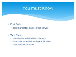  Post Back
 communicates back to the server
 View State
 state stored in a hidden field on the page
 transported to the client and back to the server,
 Is not stored on the server
You must Know
 