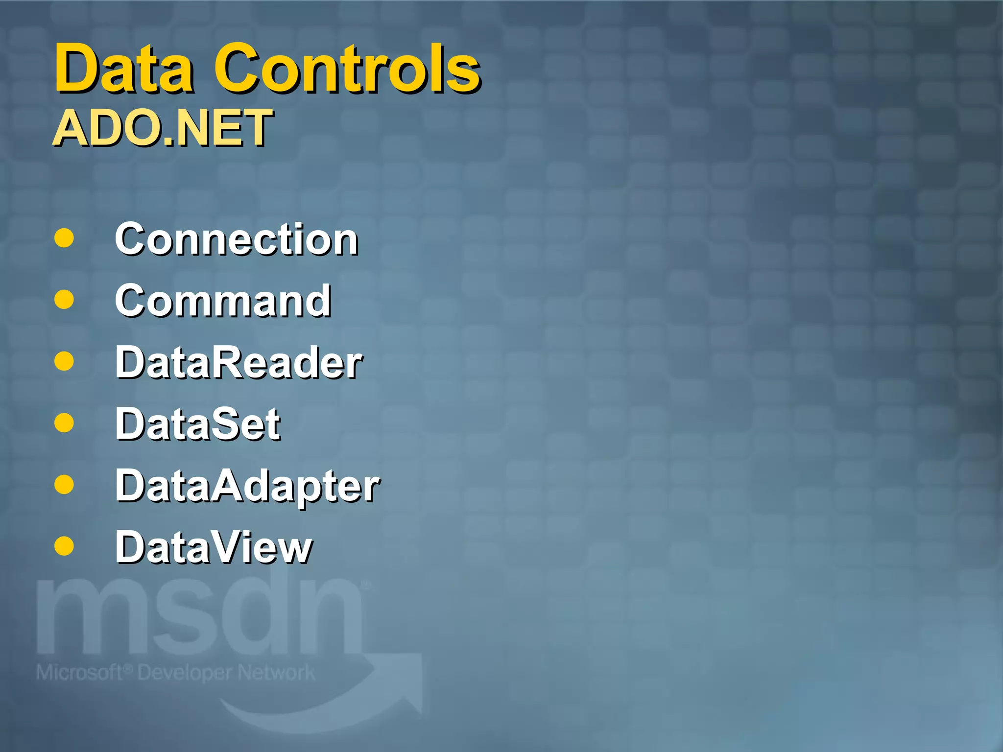 Data Controls ADO.NET Connection Command DataReader DataSet DataAdapter DataView 