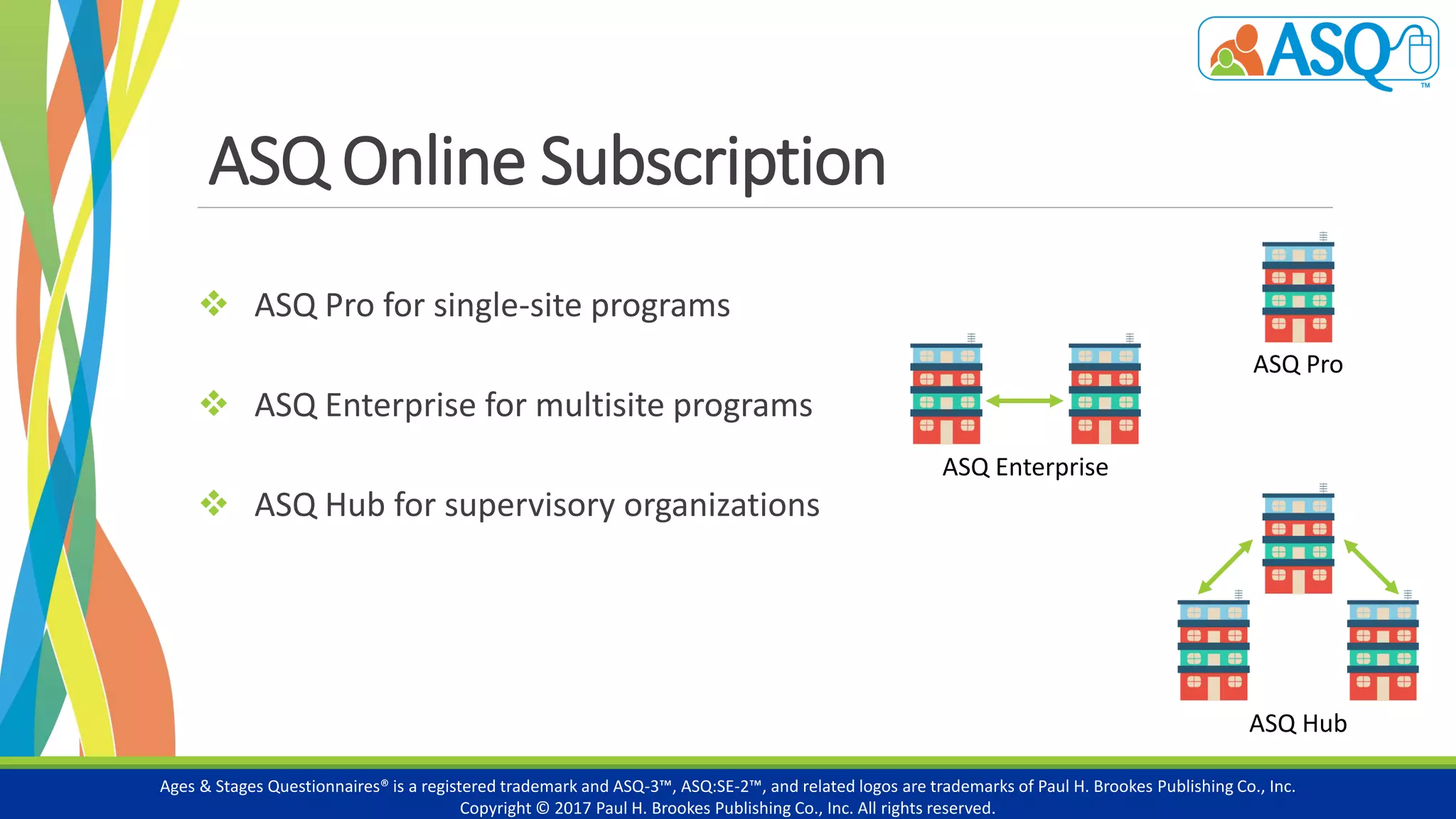 ASQ Online Subscription
 ASQ Pro for single-site programs
 ASQ Enterprise for multisite programs
 ASQ Hub for supervisory organizations
Ages & Stages Questionnaires® is a registered trademark and ASQ-3™, ASQ:SE-2™, and related logos are trademarks of Paul H. Brookes Publishing Co., Inc.
Copyright © 2017 Paul H. Brookes Publishing Co., Inc. All rights reserved.
ASQ Pro
ASQ Enterprise
ASQ Hub
 