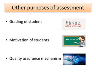 Other purposes of assessment
• Grading of student
• Motivation of students
• Quality assurance mechanism
 