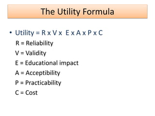 The Utility Formula
• Utility = R x V x E x A x P x C
R = Reliability
V = Validity
E = Educational impact
A = Acceptibility
P = Practicability
C = Cost
 