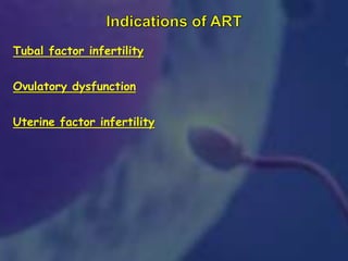 Tubal factor infertility
Ovulatory dysfunction
Uterine factor infertility
 