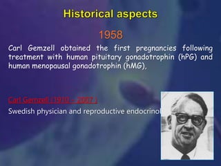1958
Carl Gemzell obtained the first pregnancies following
treatment with human pituitary gonadotrophin (hPG) and
human menopausal gonadotrophin (hMG),
Carl Gemzell (1910 – 2007 )
Swedish physician and reproductive endocrinologist
 