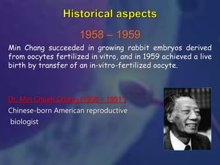 1958 – 1959
Min Chang succeeded in growing rabbit embryos derived
from oocytes fertilized in vitro, and in 1959 achieved a live
birth by transfer of an in-vitro-fertilized oocyte.
Dr. Min Chueh Chang (1908 – 1991 )
Chinese-born American reproductive
biologist
 