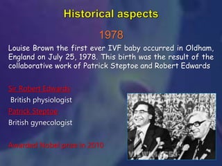 1978
Louise Brown the first ever IVF baby occurred in Oldham,
England on July 25, 1978. This birth was the result of the
collaborative work of Patrick Steptoe and Robert Edwards
Sir Robert Edwards
British physiologist
Patrick Steptoe
British gynecologist
Awarded Nobel prize in 2010
 