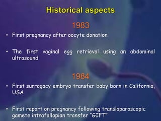 1983
• First pregnancy after oocyte donation
• The first vaginal egg retrieval using an abdominal
ultrasound
1984
• First surrogacy embryo transfer baby born in California,
USA
• First report on pregnancy following translaparoscopic
gamete intrafallopian transfer “GIFT”
 