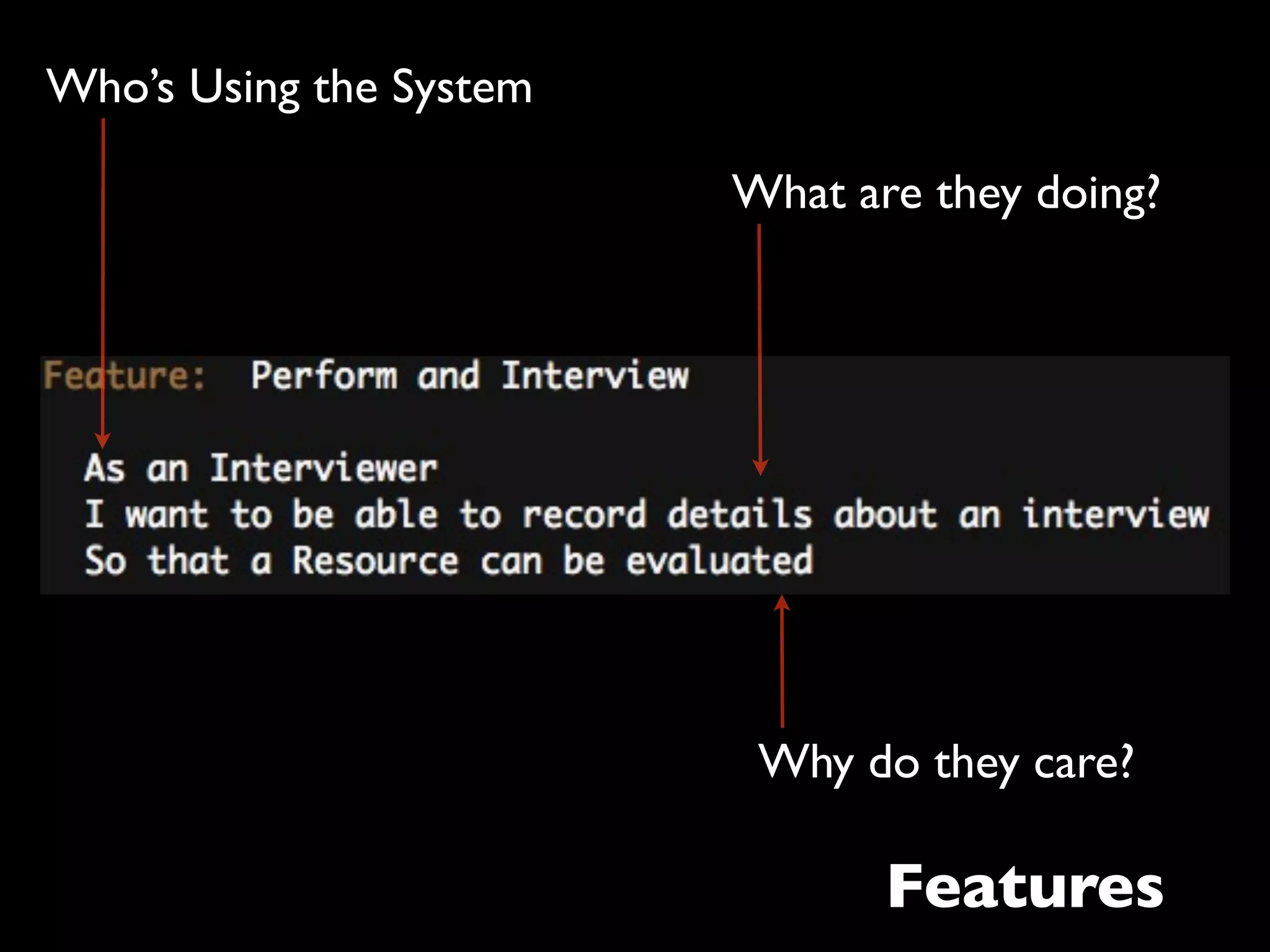 Who’s Using the System

                         What are they doing?




                          Why do they care?

                                Features
 
