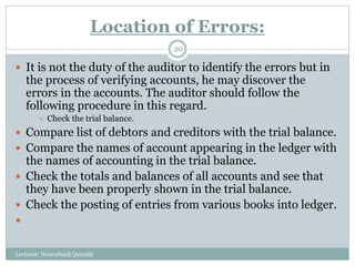 Location of Errors:
Lecturer: Noorulhadi Qureshi
20
 It is not the duty of the auditor to identify the errors but in
the process of verifying accounts, he may discover the
errors in the accounts. The auditor should follow the
following procedure in this regard.
 Check the trial balance.
 Compare list of debtors and creditors with the trial balance.
 Compare the names of account appearing in the ledger with
the names of accounting in the trial balance.
 Check the totals and balances of all accounts and see that
they have been properly shown in the trial balance.
 Check the posting of entries from various books into ledger.

 
