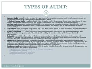 TYPES OF AUDIT:
Lecturer: Noorulhadi Qureshi
23

 Statutory Audit: any audit carried on as per the requirement of law is called as a statutory audit. eg: all companies have to get
their accounts audited as per the provision of the company’s Act of 1956.
 Periodical/ Annual Audit: it is a kind of audit where the auditor verifies the account at the end of the financial year. He starts
the audit work after the closure of financial year. This is a common audit and is mostly used by small organizations.
 Interium audit: its an audit conducted in the middle of the accounting year before the accounts are closed. In other words any
audit conducted between two financial audit is known s interium audit. The objective is to get periodical results, to declare
interium dividend.
 Partial Audit: when an auditor is asked to audit only a part of the account system. Its called partial audit. Eg: he may be asked to
audit only the payment side of cash book.
 Balance sheet audit: it’s a kind of partial audit and is concerned with the verification of only those items appearing in the
Balance Sheet. It is more popular in the USA. Infact while verifying BS items the auditor verifies/ checks all related
items/accounts.
 Cost audit: cost audit is defined as the verification of cost accounting records. Data and techniques for its accuracy and
authenticity. It gets as effective managerial tool for the detection of errors and frauds in cost accounting records. The companies
act implies the central government to order cost audit incase of specifies companies.
 Management audit: Management audit may be defined as a comprehensive examination of an organizational structure of a
company, institution/government and its plans and objectives it means of operations and use of human and physical facilities. The
main objective of mgt audit is to see how far the objectives of mgt are fulfilled. It aims to ascertain whether sound mgt prevails
throughout the organisation and evaluates its efficiency in the system of its operation.
 Continuous audit: a continuous audit is one in which the auditor visits his clients office at regular intervals through out the year
to verify the account. The objective of CA may be-
 To get final account audited immediately after the closure of accounting year.
 When the business is very large.
 When interval control system is into effective.
 When regular final accounts are required.

 