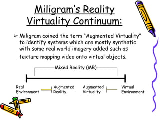 Miligram’s Reality
Virtuality Continuum:
➢ Miligram coined the term “Augmented Virtuality”
to identify systems which are mostly synthetic
with some real world imagery added such as
texture mapping video onto virtual objects.
Mixed Reality (MR)
Real
Environment
Augmented
Reality
Augmented
Virtuality
Virtual
Environment
 