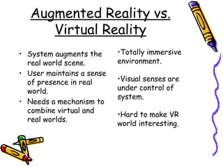 Augmented Reality vs.
Virtual Reality
• System augments the
real world scene.
• User maintains a sense
of presence in real
world.
• Needs a mechanism to
combine virtual and
real worlds.
•Totally immersive
environment.
•Visual senses are
under control of
system.
•Hard to make VR
world interesting.
 