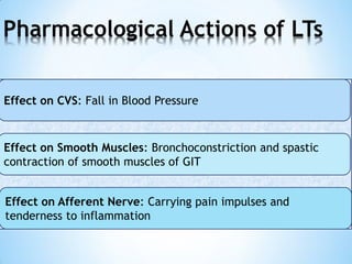 Pharmacological Actions of LTs
Effect on CVS: Fall in Blood Pressure
Effect on Smooth Muscles: Bronchoconstriction and spastic
contraction of smooth muscles of GIT
Effect on Afferent Nerve: Carrying pain impulses and
tenderness to inflammation
 