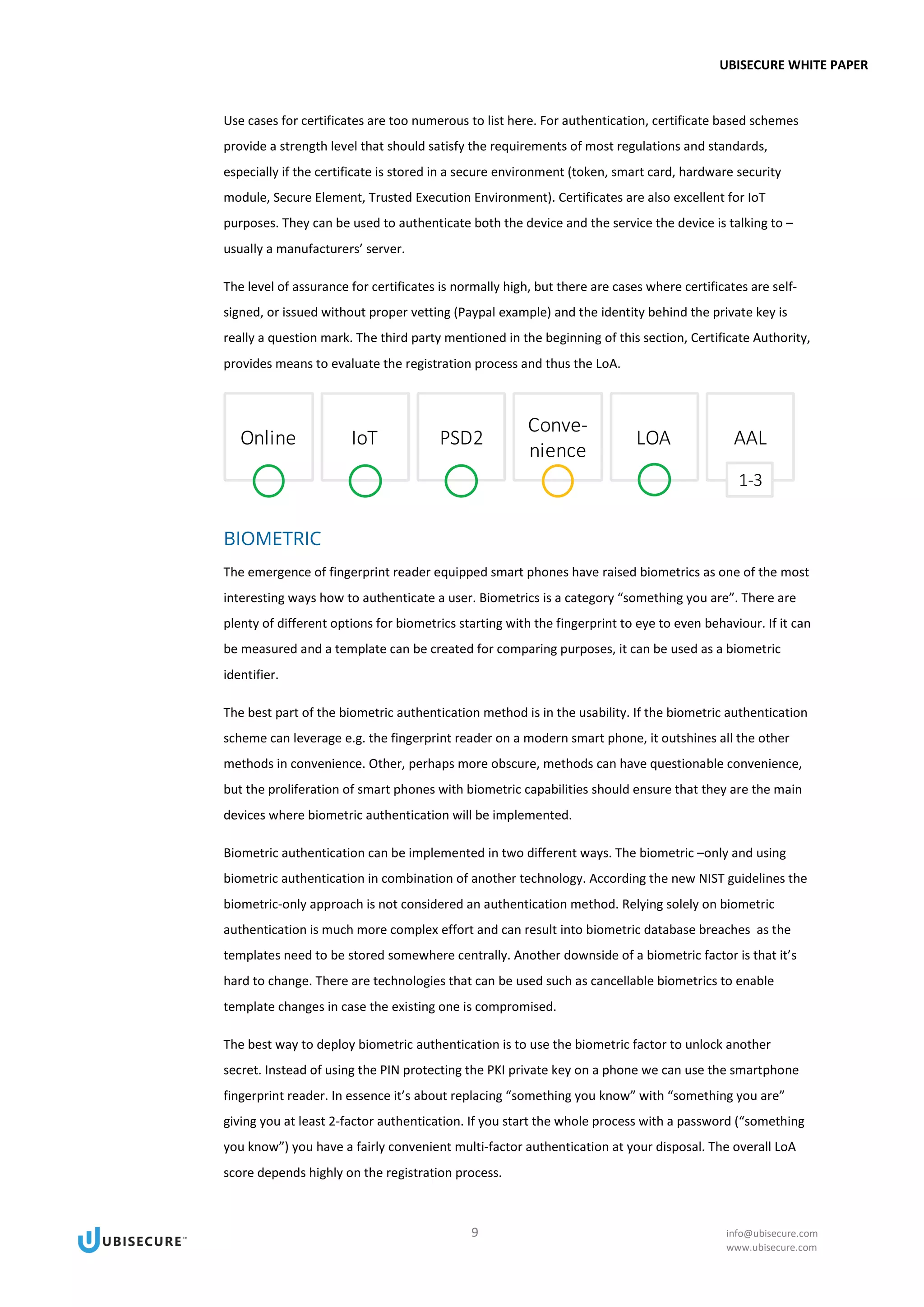 UBISECURE WHITE PAPER
9 info@ubisecure.com
www.ubisecure.com
Use cases for certificates are too numerous to list here. For authentication, certificate based schemes
provide a strength level that should satisfy the requirements of most regulations and standards,
especially if the certificate is stored in a secure environment (token, smart card, hardware security
module, Secure Element, Trusted Execution Environment). Certificates are also excellent for IoT
purposes. They can be used to authenticate both the device and the service the device is talking to –
usually a manufacturers’ server.
The level of assurance for certificates is normally high, but there are cases where certificates are self-
signed, or issued without proper vetting (Paypal example) and the identity behind the private key is
really a question mark. The third party mentioned in the beginning of this section, Certificate Authority,
provides means to evaluate the registration process and thus the LoA.
BIOMETRIC
The emergence of fingerprint reader equipped smart phones have raised biometrics as one of the most
interesting ways how to authenticate a user. Biometrics is a category “something you are”. There are
plenty of different options for biometrics starting with the fingerprint to eye to even behaviour. If it can
be measured and a template can be created for comparing purposes, it can be used as a biometric
identifier.
The best part of the biometric authentication method is in the usability. If the biometric authentication
scheme can leverage e.g. the fingerprint reader on a modern smart phone, it outshines all the other
methods in convenience. Other, perhaps more obscure, methods can have questionable convenience,
but the proliferation of smart phones with biometric capabilities should ensure that they are the main
devices where biometric authentication will be implemented.
Biometric authentication can be implemented in two different ways. The biometric –only and using
biometric authentication in combination of another technology. According the new NIST guidelines the
biometric-only approach is not considered an authentication method. Relying solely on biometric
authentication is much more complex effort and can result into biometric database breaches as the
templates need to be stored somewhere centrally. Another downside of a biometric factor is that it’s
hard to change. There are technologies that can be used such as cancellable biometrics to enable
template changes in case the existing one is compromised.
The best way to deploy biometric authentication is to use the biometric factor to unlock another
secret. Instead of using the PIN protecting the PKI private key on a phone we can use the smartphone
fingerprint reader. In essence it’s about replacing “something you know” with “something you are”
giving you at least 2-factor authentication. If you start the whole process with a password (“something
you know”) you have a fairly convenient multi-factor authentication at your disposal. The overall LoA
score depends highly on the registration process.
 