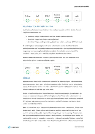 UBISECURE WHITE PAPER
10 info@ubisecure.com
www.ubisecure.com
MULTI-FACTOR AUTHENTICATION
Multi-factor authentication means that more than one factor is used to verify the identity. The main
categories of these factors are
• Something that you know (password, PIN code, answer to a secret question)
• Something that you have (token, smart card, phone)
• Something that you are (fingerprint, eye, blood vessel pattern, heartbeat, DNA, behaviour)
By combining these factors we get a multi-factor authentication scheme. Multi-factor does not
automatically mean that you have a strong authentication method. A good multi-factor authentication
integrates at least one strong factor (PKI, biometrics) into the method. In some markets OTP is
considered a strong factor, and it definitely strengthens the authentication scheme.
Note that the NIST Authenticator Assurance Level 3 requires that at least part of the multi-factor
authentication scheme is implemented using a device.
MOBILE
We have touched mobile based authentication methods in the previous chapters. The modern smart
phone is an excellent device where to implement a second and/or third factor into the authentication
process. Feature phones can also work in the authentication scheme, but the options are much more
limited as the user can’t add new apps to the phone.
Besides PKI and biometrics smart phones have dozens of authentication apps in the marketplace. An
easy to use and convenient way to add “something that you have” factor to the authentication is to
simply require the user to tap/swipe the phone app indicating that he’s in the possession of the device.
OTP generator apps are very common for smartphones, and both feature and smartphones can be
used to receive SMS based OTPs.
When we use a mobile device and implement the biometric factor in the authentication, it needs to be
done properly. Select iOS and Android devices have the capability to scan the fingerprint of the user
and their cameras can be used to implement facial recognition, or even iris scanning. The appropriate
way to utilize the biometric factor is to replace a secret protecting a PKI private key within the app. In a
traditional PKI method the private key is protected by a PIN code (smart cards, PKI tokens, mobile PKI).
Even the tap/swipe “Ok” can be used to unlock the private key, but then the LoA should be considered
 
