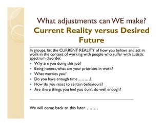 What adjustments can WE make?
  Current Reality versus Desired
                      Future
________________________________________________
In groups, list the CURRENT REALITY of how you behave and act in
work in the context of working with people who suffer with autistic
spectrum disorder.
   Why are you doing this job?
   Being honest, what are your priorities in work?
   What worries you?
   Do you have enough time………?
   How do you react to certain behaviours?
   Are there things you feel you don’t do well enough?

__________________________________________________________________________________



We will come back to this later………
 