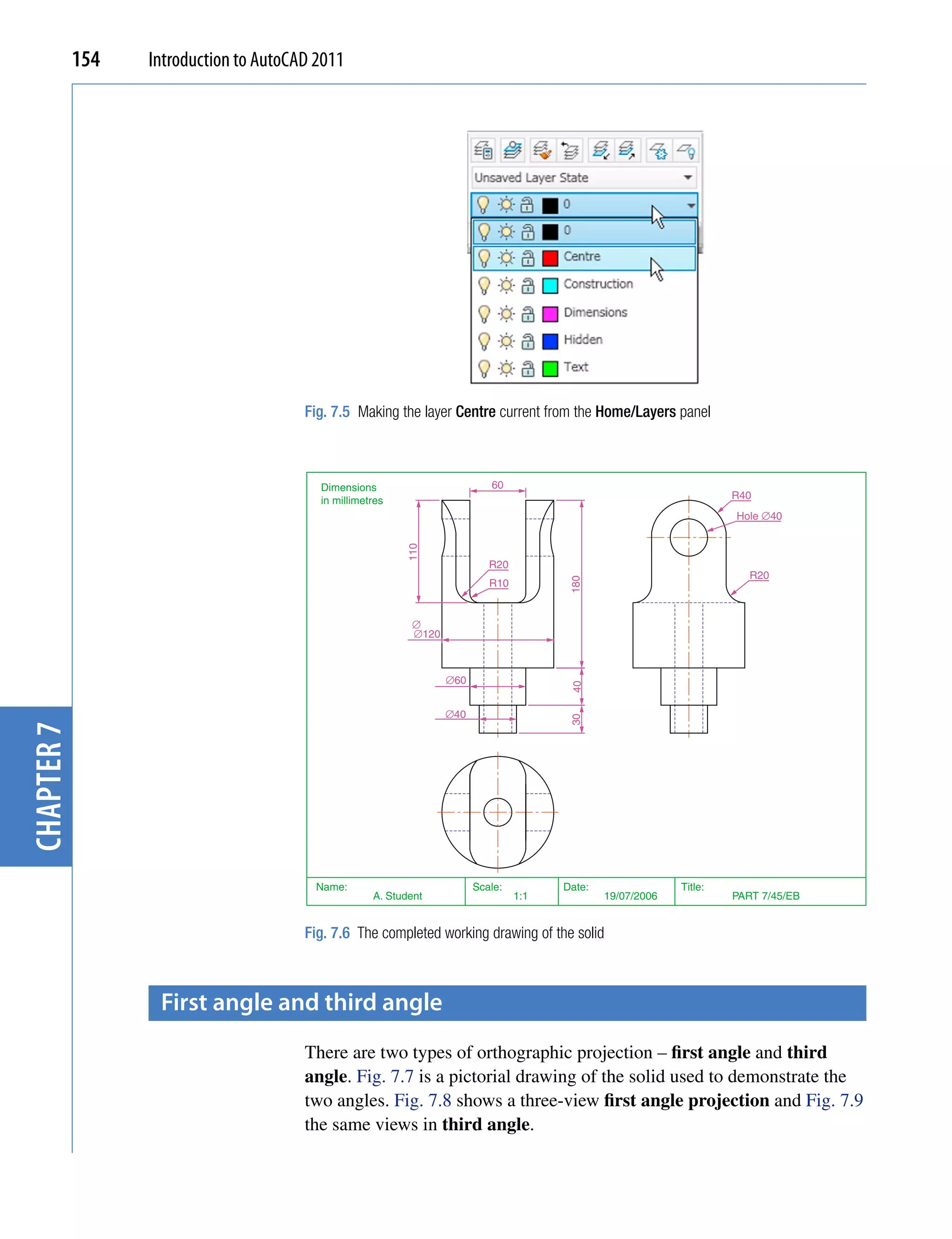 154   Introduction to AutoCAD 2011




                                        Fig. 7.5 Making the layer Centre current from the Home/Layers panel



                                          Dimensions                        60
                                          in millimetres                                                              R40
                                                                                                                      Hole ∅40
                                                           110




                                                                            R20
                                                                                         180                             R20
                                                                            R10


                                                            ∅
                                                            ∅120



                                                                   ∅60
                                                                                         40




                                                                   ∅40
                                                                                         30
chapter 7




                                         Name:                           Scale:         Date:                Title:
                                                     A. Student                   1:1           19/07/2006            PART 7/45/EB


                                        Fig. 7.6 The completed working drawing of the solid



                   first angle and third angle
                                        There are two types of orthographic projection – first angle and third
                                        angle. Fig. 7.7 is a pictorial drawing of the solid used to demonstrate the
                                        two angles. Fig. 7.8 shows a three-view first angle projection and Fig. 7.9
                                        the same views in third angle.
 
